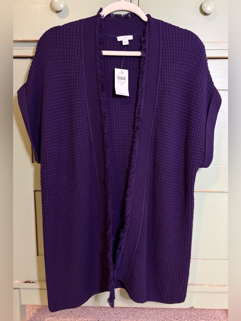 J. Jill NWT Eggplant Open-Front Sleeveless Fringed-Edge Waffle-Knit Vest - OS Sm